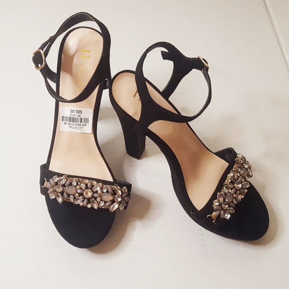 Nicole Miller Black Suede Jeweled Heels 8.5 NWD